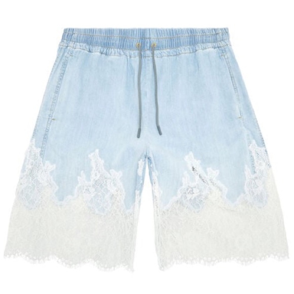 Diesel Light Blue Denim Shorts with White Lace Trim
